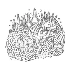 Goddess of nature. Spirit of volcano. Cute little mermaid girl surrounded with rocks. Fairy tale fantasy creature. Funny coloring page for kids and adults. Cartoon vector illustration. Isolated 