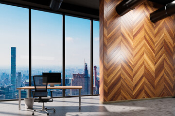 large urban skyline loft office with wooden wall and computer workspace; copy spacepanoramic window skyline view, 3D Illustration