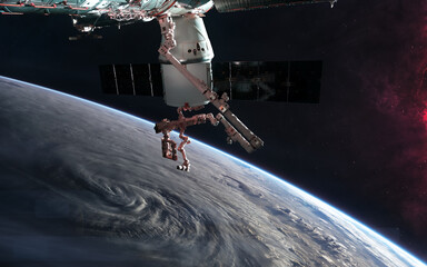 Space station in orbit of planet Earth. Solar system. Science fiction. Elements of this image furnished by NASA