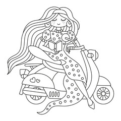 Girl in polka dot dress sitting on the scooter and reading book. Retro style. Pretty young woman. Summer travel. Vehicle. Funny coloring page for kids and adults. Cartoon vector illustration. Isolated
