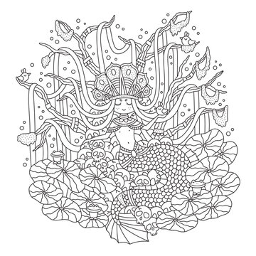 King of swamp. Gorgeous mermaid man. Handsome fish boy. Big crown. Fantasy nature. Beautiful coloring page. Cartoon vector illustration. Isolated on white. Outlined hand drawn artwork. Black lines