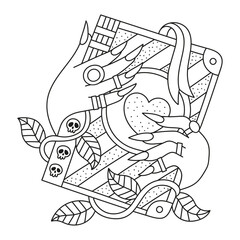 Witch magical spell book. Girl hands. Decorated with skulls and plants. Coloring page for kids and adults. Cartoon vector illustration. Black and white colors. Outlined hand drawn artwork. Isolated