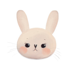 Cute Happy Rabbit. Hand Drawn Easter Vector Illustration with Funny Baby Bunny on a White Background. Easter Holidays Print with Lovely Little Rabbit ideal for Card, Greeting, Banner. Baby Bunny Head.