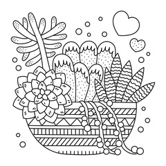 Set of different succulents in one ornate pot. Desert plants with leaves. Summertime home garden. Beautiful nature. Floral coloring page for kids and adults. Cartoon vector illustration. Isolated