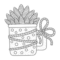 Exotic succulent in mug. Potted desert plant. Home garden. Botany drawing. Coloring page for kids and adults. Cartoon vector illustration. Isolated on white. Black lines. Outlined artwork