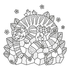 Happy tigel relax on cliff. Big jungle wild animal. Stripped cat. Wildlife nature, zoo. Leaves, flowers, birds. Funny coloring page for kids. Cartoon vector illustration. Outlined drawing. Isolated