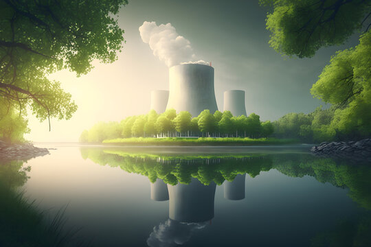 Nuclear power for the future, A futuristic and hopeful depiction of a nuclear power plant in a lush green landscape. Generative AI