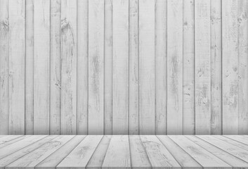 White wood display background, Wooden panel for indoor studio room. Backdrop background Empty Room Grey washed old wooden striped abstract texture in vintage style design for product presentation