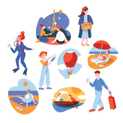 People Tourist Characters on Vacation Trip or Journey Vector Set