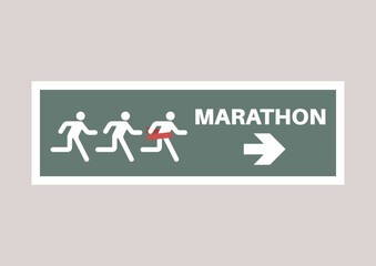 A marathon banner stylized as an evacuation exit green sign