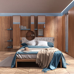 Minimalist wooden bedroom in blue and beige tones, close up. Master bed with blankets, parquet and...