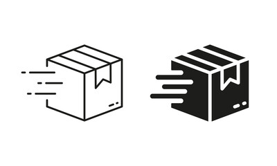 Parcel Box Fast Delivery Service Silhouette and Line Icon Set. Speed Deliver Cube Package Pictogram. Post Company Quick Express Delivery Package Sign. Editable Stroke. Isolated Vector Illustration