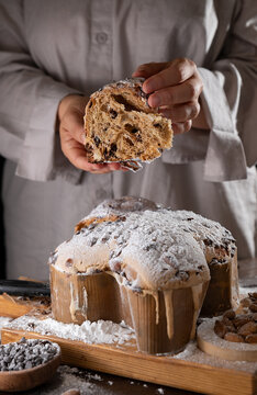 Colomba with chocolate. Easter Italian cake with almonds and chocolate in the shape of a dove. Festive pastries are traditional in Italy. 