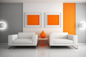There is an orange leather sofa in the living room, and the walls are painted a simple two colors. Generative AI