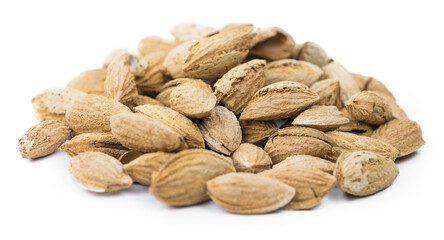 Roasted Almonds with shell (transparent background, selective focus)