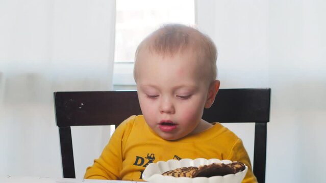 Little boy enjoying sweet food playing and laughing while looking at the camera. Cute cheerful baby boy eating cookies dinner table home.adorable baby boy eating cookies sitting in highchair isolated 