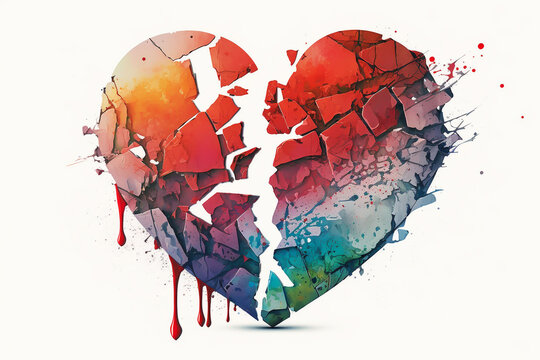 Colorful broken heart, ink drawing illustration style, white background. Divorce concept. Paint splatter, t-shirt painted print, ink splashing. Image is AI generated.