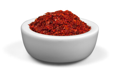 Collection of different spices with names in white pans, isolated