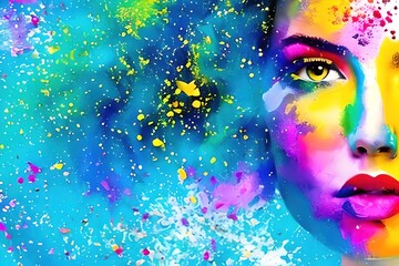 Stylized portrait of a beautiful white girl, with paint splashes. colorful paints smudges, spatter. Generative ai
