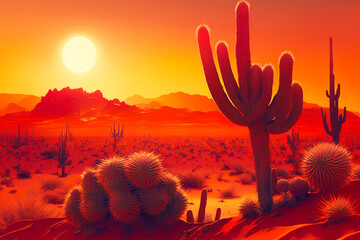 desert landscape with cactus and sand dunes in evening against background of red glowing sky, generative ai