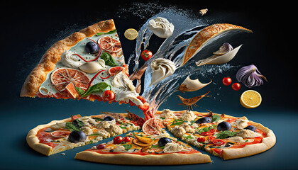 Delicious Seafood Pizza. Concept promotional flyer and poster for Restaurants or pizzerias - Generative AI