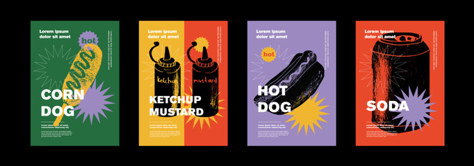 Corn dog, ketchup, mustard, hotdog, soda. Price tag or poster design. Set of vector illustrations. Typography. Vintage pencil sketch. Engraving style. Labels, cover, t-shirt print, painting.