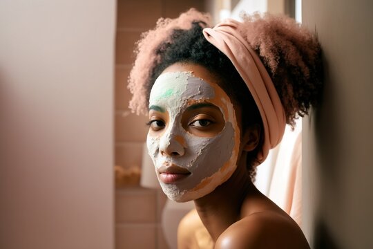 Skin care. SPA procedures at home: young BIPOC woman wearing cosmetic clay mask on her face. Hair wrapped in towel. AI