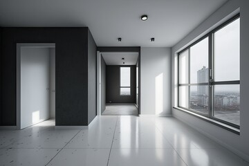 Spacious, spotless, and vacant room with a view of the city, plenty of copy room, and a concrete floor. Generative AI