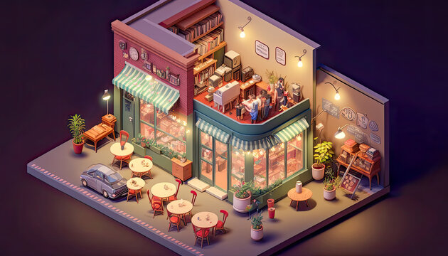 A busy coffee shop in the city, isometric vew - Generative AI