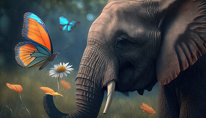 Obraz na płótnie Canvas An elephant and a butterfly - Generative AI