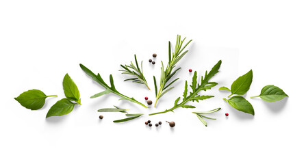 Spices and herbs with natural transparent shadow on transparent backgroundand. Variety of spices and mediterranean herbs. PNG Food background © Konstiantyn