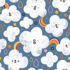 Happy clouds on gray sky, pattern illustration - 573649790