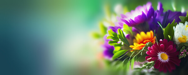 Spring banner for 8 march, mother's day, colorful vibrant bouquet of various flowers. Generative AI - obrazy, fototapety, plakaty