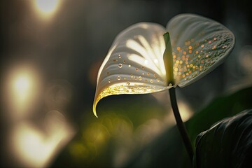 Bokeh effect behind a white flamingo flower or anthurium flower opening up to the early sun. Generative AI