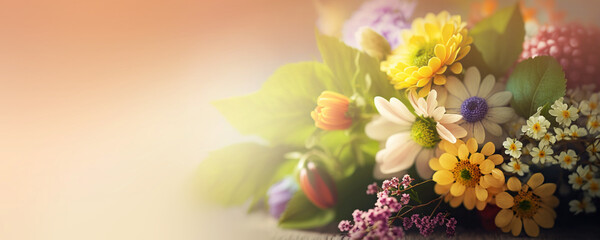 Spring banner for 8 march, mother's day, colorful vibrant bouquet of various flowers. Generative AI