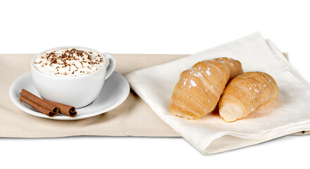 Cup of Coffee with Cinnamon Sticks, Whipped Cream and Pastry