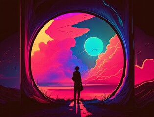 Naklejka premium Human silhouette on the clouds against a portal with neon colors. Concept of journey, spirituality, mindfulness and connected to nature. Generative AI.