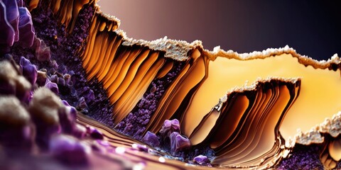 Abstract amethyst crystal geode with golden yellow layers of amber honeycomb inside, semi precious stone with a delicious sweet honey core - generative ai - obrazy, fototapety, plakaty