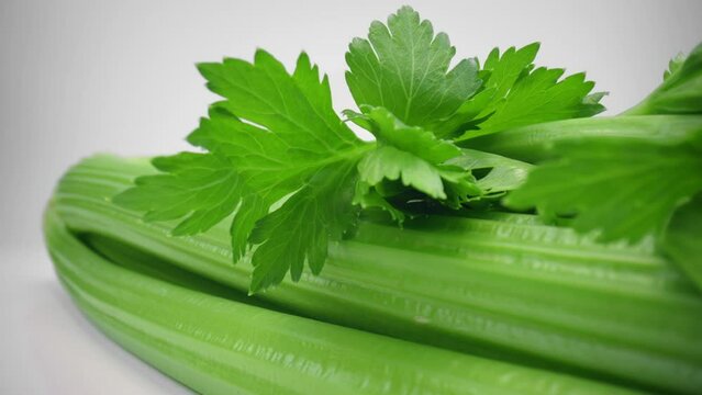 Macro shot fresh green celery stalks lying on white board isolated white studio background. Side view slider dolly extreme close-up. Laowa 24mm probe lens. Healthy eating green vegetables