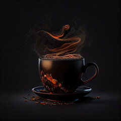 Cup of coffee on a black background. Fresh aroma italian espresso with steam. Hot chocolate. Generative AI illustration