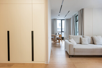 Bright white contemporary new home entrance hall to living room