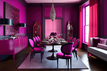 Obraz premium Bright viva magenta 2023 color dining room Generative AI