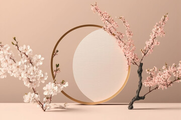 Spring cherry blossom product display podium for natural product. Empty scene with sakura branch. Generative ai