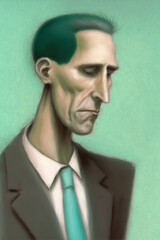 A pastel painting of a sad or regretful businessman.