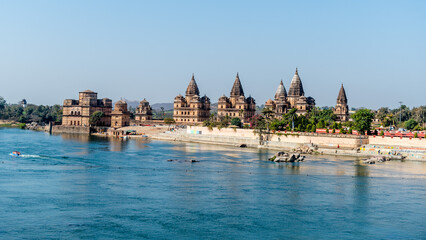 Orchha, India - Royal Chhatris or Cenotaphs are the historical monuments situated on the banks of River Betwa in Orchha