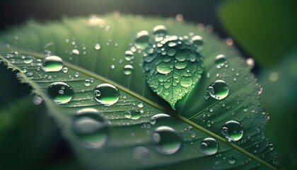 Large beautiful drops of transparent rain water on a green leaf macro - generative ai