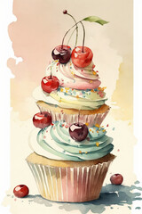 Watercolor, Stacked, High, Cupcake, Cupcakes, Cherries, Cherry, Strawberry, Strawberries, sprinkles, frosting, frosted, dessert, sweet, sweets, Bakery, Baked Goods, gourmet,