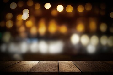 An empty dark wooden table in front of a bokeh like, abstract restaurant backdrop. can be incorporated into a collage or presentation of your products. Space mockup. Generative AI