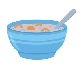 Blue Ceramic Bowl with Porridge and Spoon as Tasty Breakfast or Brunch Vector Illustration