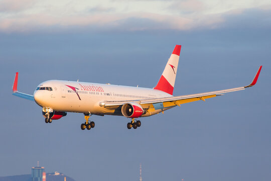 Vienna, Schwechat - January 07, 2023: A Boeing 767 long haul aircraft of austrian airline AUA landing at its homebase Vienna